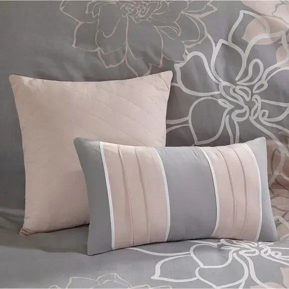 Madison Park Lola Queen Comforter shams skirt pillows Set Grey/Pink/WhiteNEW
